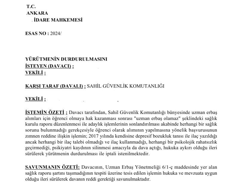 Sahil Güvenlik Komutanlığı Uzman Erbaş Alımı Elenme Davası