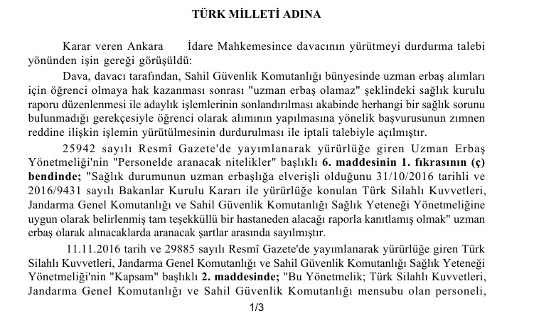 Sahil Güvenlik Komutanlığı Uzman Erbaş Alımı Elenme Davası